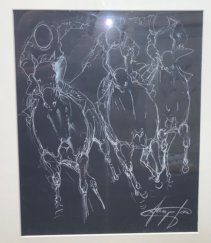 Lot 369 - Jacqui Jones (b. 1961) Jockeys racing, signed...