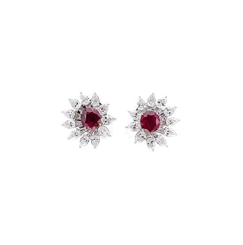 Lot 254 - A pair of Burmese ruby and diamond cluster ear studs