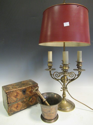 Lot 67 - A brass bouillotte lamp with tole ware shade,...