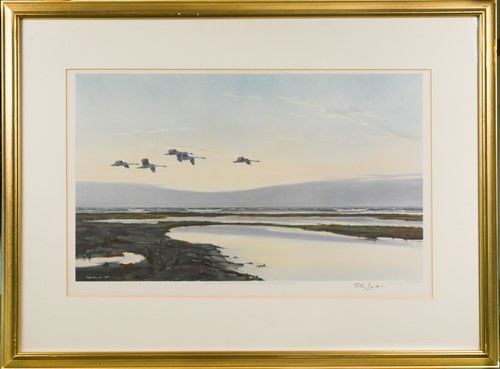 Lot 251 - Peter Scott 'High Tide and Wild Swans', a framed lithograph by Arthur Ackerman