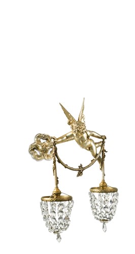 Lot 751 - A gilt-metal wall light as a winged cherub holding a pair of bag chandeliers