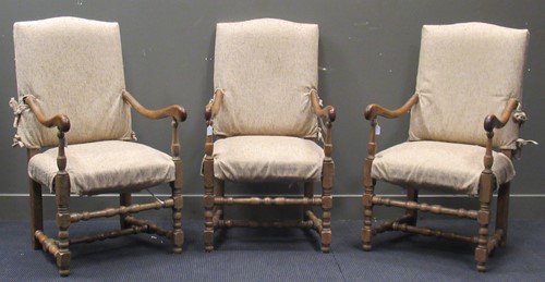 Lot 574 - Three French Louis XIII style elm/ash armchairs