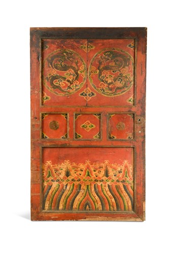 Lot 360 - A Tibetan painted five panelled wooden door from a Lama's private quarters of a Shigatse Monastery