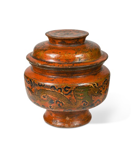 Lot 364 - A Tibetan turned wood Tongba (fermented millet) container and cover, 19th century
