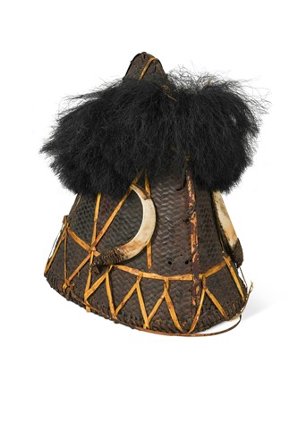 Lot 201 - A Naga woven rattan, goat hair, and boar tusk mounted warrior's hat, early 20th century