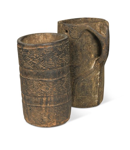 Lot 303 - A Nepal (Mustang) wood milk jug and milk pot set, 19th century