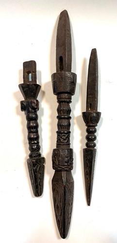 Lot 302 - Three Nepal (Tamang) Shamen's carved wood drum handles, 18/19th century