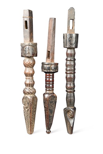 Lot 290 - Three Nepal Tamang Shamen's carved wood drum handles, 18th/19th century