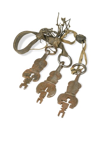 Lot 320 - Three decorative iron padlock keys from The Potola Palace, Lhasa, Tibet, 18th/19th century