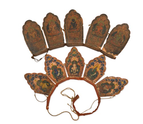 Lot 196 - Two Nepalese (Tamang) Lama's five leaf crowns, 19th century