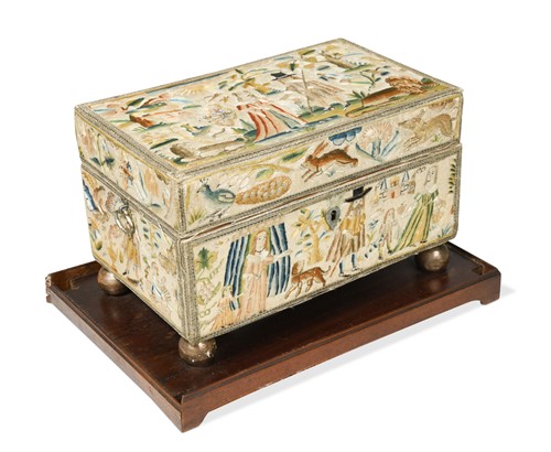 Lot 253 - A fine Charles II stump work table casket, circa 1670