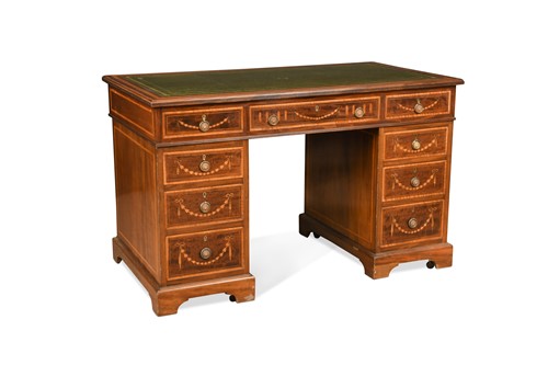 Lot 475 - A mahogany and satinwood inlaid pedestal desk, early 20th century