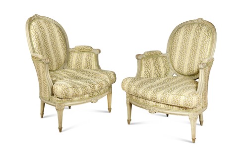Lot 361 - A pair of Louis VXI grey-painted bergeres, late 18th century