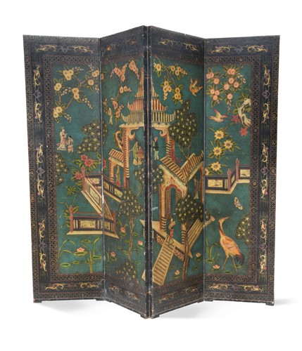 Lot 287 - A chinoiserie painted four fold leather screen, late 19th century