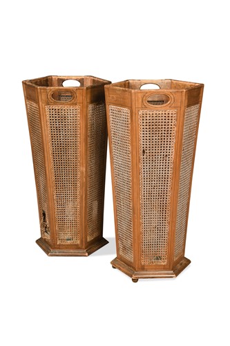 Lot 464 - A pair of stained wood strung and caned stick stands of hexagonal form, early 20th century