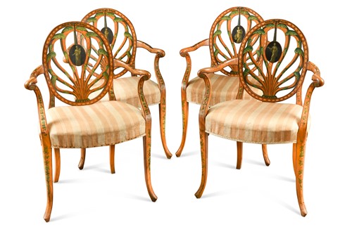 Lot 390 - A set of four painted satinwood armchairs, late 19th century