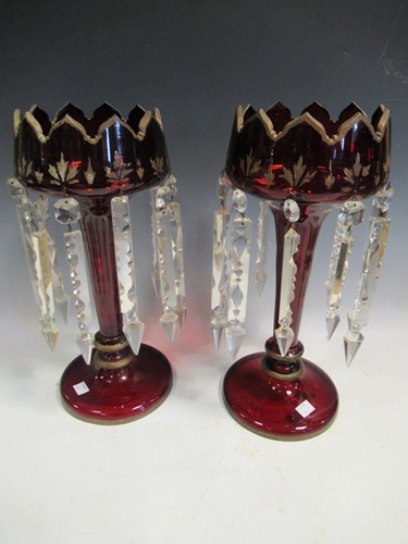 Lot 113 - A pair of Bohemian red glass lustres, with...