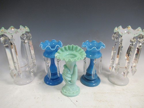 Lot 106 - A pair of blue vaseline glass lustres, 20cm...