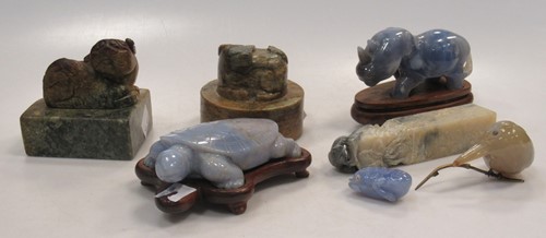 Lot 115 - A carved pale blue stone rhino and tortoise,...