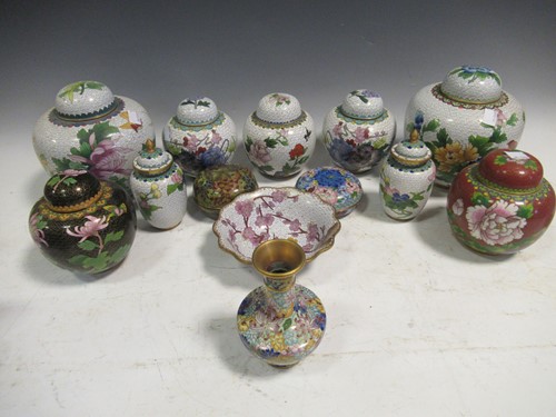 Lot 88 - Two pairs of cloisonne enamel jars, three...