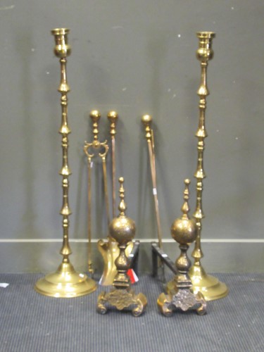 Lot 155 - A pair of antique style brass and wrought iron...