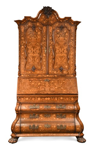 Lot 265 - A Dutch walnut and marquetry bureau bookcase, circa 1800