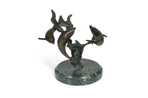 Lot 140 - A bronze model of three swimming dolphins