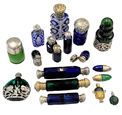 Lot 308 - A collection of Victorian and later blue and green glass scent bottles