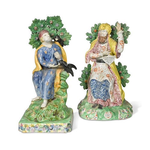 Lot 193 - A Staffordshire pearlware figure of Elijah and the Ravens, circa 1800