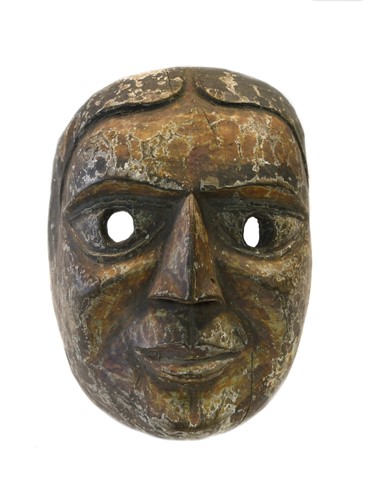 Lot 252 - A carved and painted wood mask of a Lama, perhaps Bhutan, late 19th century