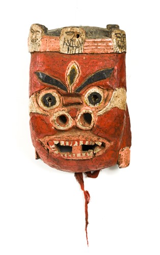 Lot 267 - A carved and painted wood Lamaist dancer's mask of Mahakala, Southern Tibet, 19th century