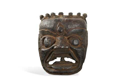 Lot 234 - A carved wood Lamaist dancer's mask of Krodha, Tibet/Nepal border region, 18th/19th century