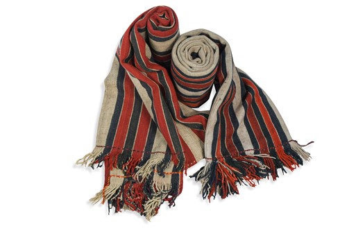 Lot 231 - Two similar yak wool striped shawls/blankets, Southern Tibet, mid 20th century
