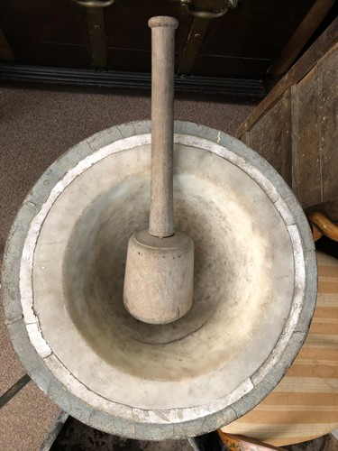 Lot 511 - A Victorian floor standing painted wood and marble pestle and mortar