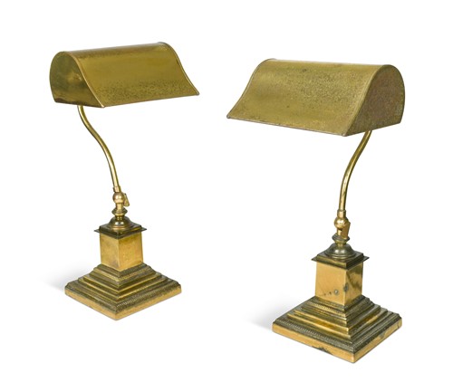 Lot 473 - A pair of plated brass banker's lamps, 20th century