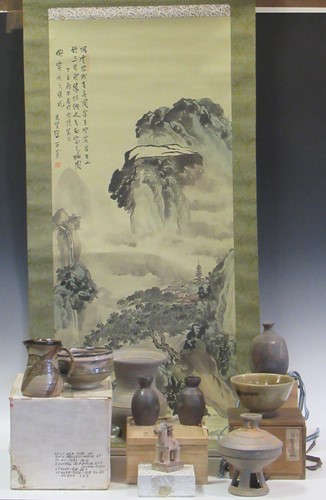 Lot 63 - Two Han style greyware vessels, two Japanese...