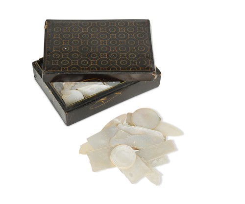 Lot 387 - A small Chinese lacquer box of mother-of-pearl gaming counters