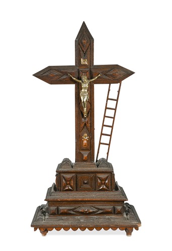 Lot 456 - A 'Tramp Art' carved wood altar crucifix