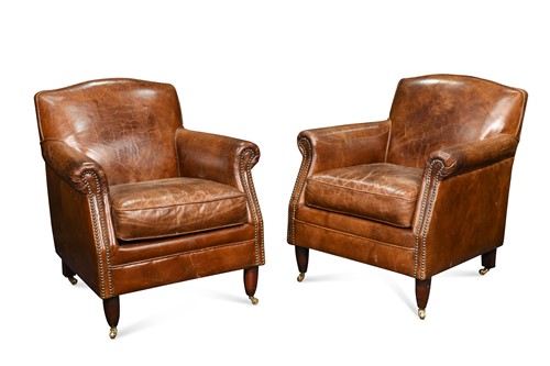 Lot 375 - A pair of leather club arm chairs, modern