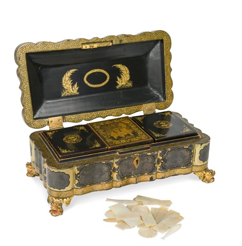 Lot 388 - A Chinese Export black lacquer and gilt decorated games box, 19th century