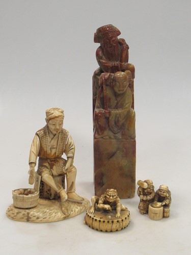 Lot 123 - An ivory Oni okimono, signed; an ivory...