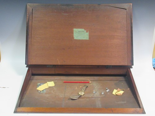 Lot 93 - A desk top writing slope, an oval tin hat box...