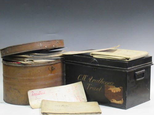 Lot 93 - A desk top writing slope, an oval tin hat box...