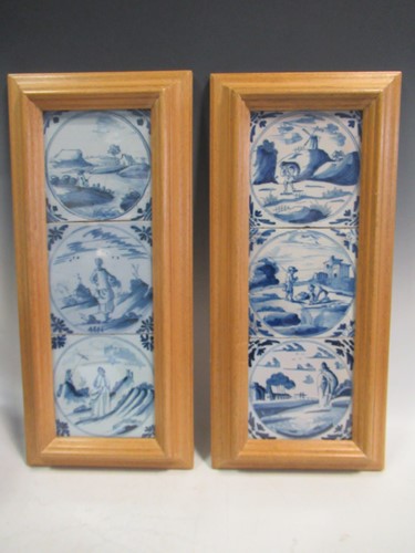 Lot 80 - Six framed Delft tiles (mounted as two trios)