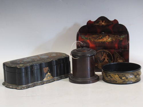 Lot 55 - A 19th century string box, a black lacquered...