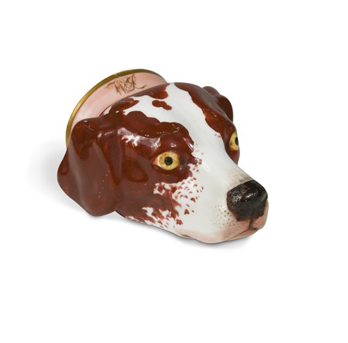 Lot 218 - A Staffordshire porcelain hound head stirrup cup, 19th century