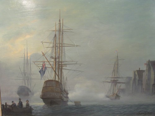 Lot 363 - Leonard Jones (20th century) ships in the mist,...