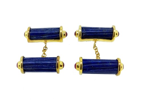 Lot 8 - A pair of lapis lazuli and ruby set cufflinks