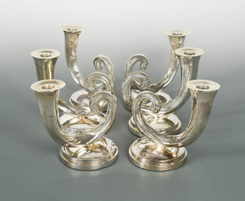 Lot 345 - A set of six 20th century Chinese export metalwares silver candlesticks