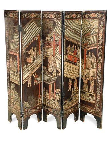 Lot 119 - A Chinese intaglio carved wood and painted five-fold screen, Qing Dynasty, 19th century